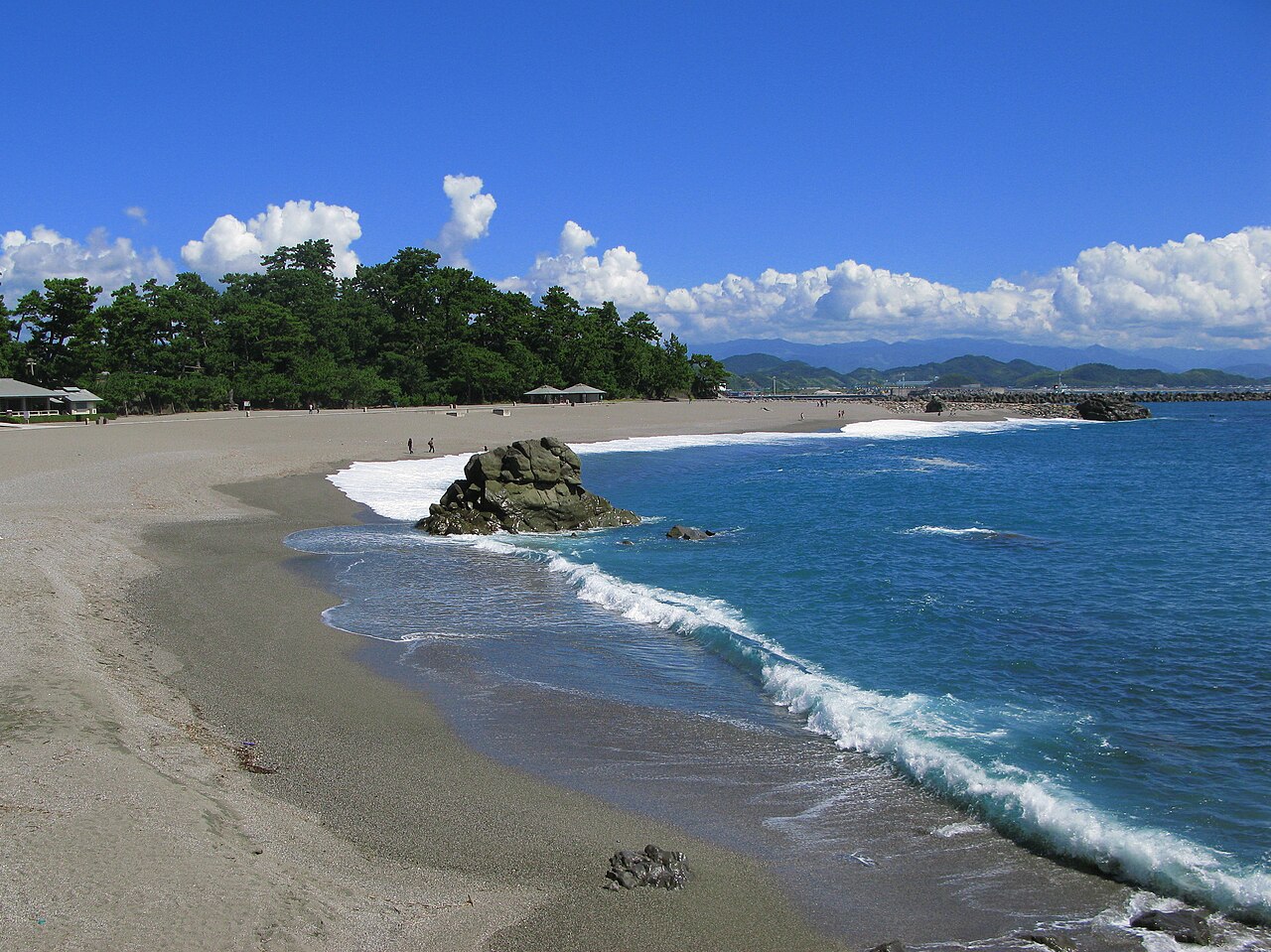 高知市の桂浜。弓なりの砂浜に波が寄せ、浜の中ほどに岩があり、左奥に松林、右奥に山並みが見える