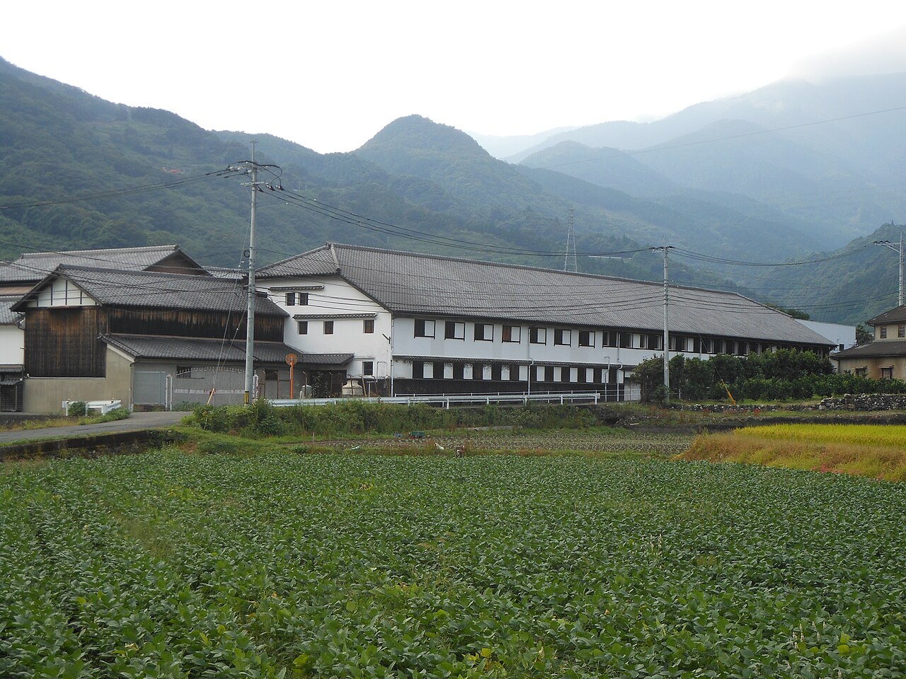 小城市の天山酒造の蔵。畑の向こうに、瓦屋根と白壁の長い2階建ての蔵が並び、背後に山並みが続く