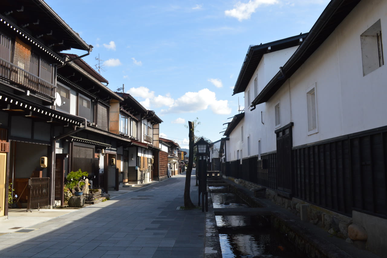 飛騨市古川町の瀬戸川と白壁土蔵街。右手に白い壁と黒い板張りの土蔵が続き、その足元を石積みの水路が流れる。左手には格子のある木造の町家が並ぶ